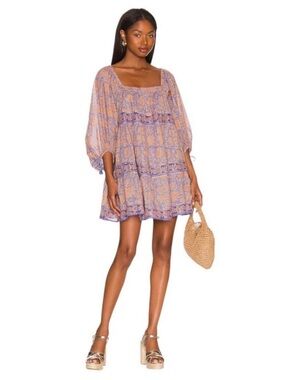 Cleobella Hattie Vine Block Print Organic Cotton Puff Sleeve Mini Dress, Size S